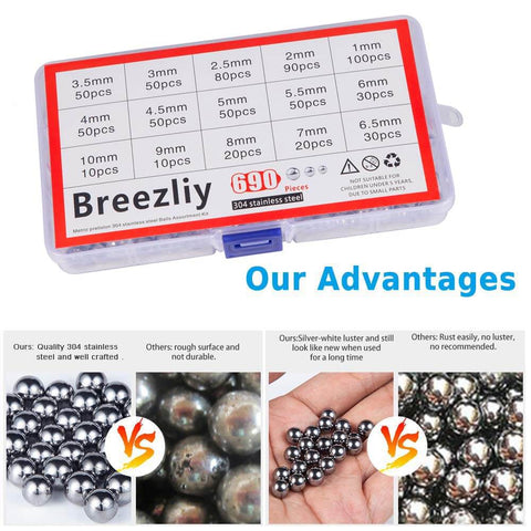 Bike Bearing Balls Kit 690 Piece Set With 15 Metric Sizes From 1mm To 10mm 304 Stainless Steel Precision Balls in labeled case