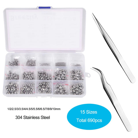 Bike Bearing Balls Kit 690 Piece Set With 15 Metric Sizes From 1mm To 10mm 304 Stainless Steel in labeled case with tweezers