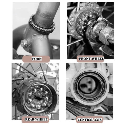 Detailed view of Five Sets Bike Bearing Kit With Fifty Bearings In Ten Sizes for fork, front wheel, rear wheel, and central axis installation.