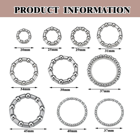 Display of bike bearings in various sizes from 20mm to 45mm for Five Sets Bike Bearing Kit With Fifty Bearings In Ten Sizes From 4mm To 8mm For Mountain And Road Bicycles Includes Headset Retainer And Crank Caged Wheels Universal Compatibility Repair Kit.