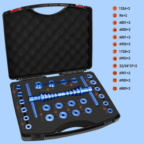 Bicycle Bearing Press Set, Bike Tools for Wheels/Hub BB Axis Installation Universal Repair Kit open case with parts labeled