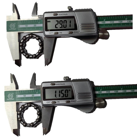 Digital caliper measuring 29.01 mm and 1.15 inches of a Bike Ball Crank Bearing Retainer One Quarter Inch With Nine Balls Four Pieces Bottom Bracket Bearings For Kids Schwinn Bicycles And Genesis Bikes Repair Accessories For Crank Bearing Replacement And Maintenance