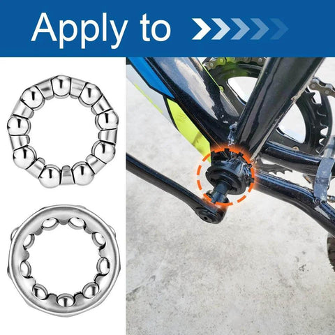 Bike Ball Crank Bearing Retainer One Quarter Inch With Nine Balls shown next to bike crank installation view