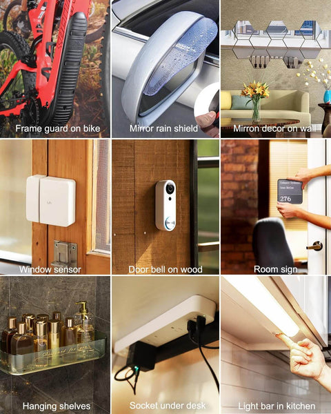 Collage showing various home and office items: frame guard on bike, mirror rain shield, wall decor, window sensor, and light bars.