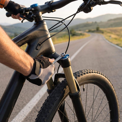 Cyclist using 10 In 1 Bike Multitool Wrench For Road And Mountain Bikes On The Go on bike fork maintenance outdoors