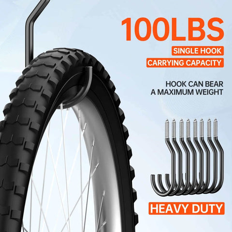 8 Pack Heavy Duty Bike Hooks for Garage Wall and Ceiling, 100 Lbs Load Capacity shown with bike tire and hooks image.