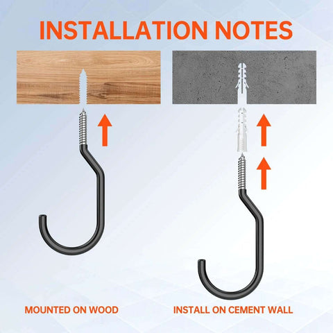 Installation guide for 8 Pack Heavy Duty Bike Hooks for Garage Wall and Ceiling, shown with wood and cement wall mounts