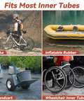 Collage showing a bicycle, inflatable boat, handcart, and wheelchair illustrating versatility of inner tube compatibility.