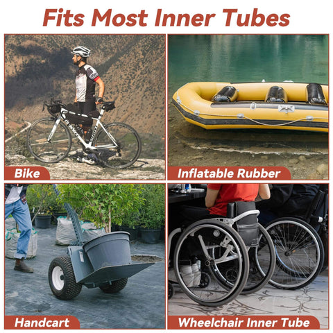 Collage showing a bicycle, inflatable boat, handcart, and wheelchair illustrating versatility of inner tube compatibility.