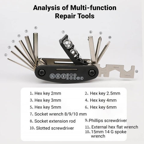 Compact 16 In 1 Bike Repair Multitool Set with folding magnetic screwdrivers, Allen wrenches, socket wrenches, in use.