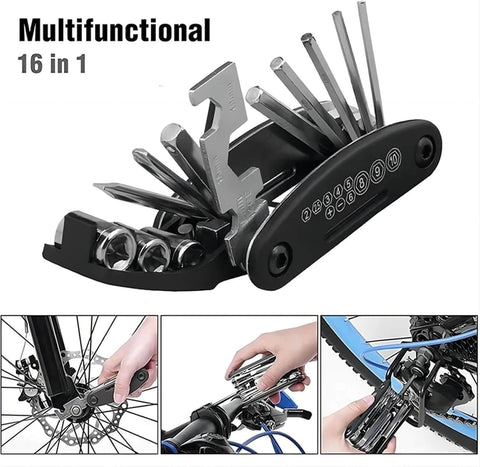 16-In-1 Bike Multitool For Quick Fixes, Portable Bicycle Repair Kit with hex keys, screwdrivers, socket wrenches, and more.