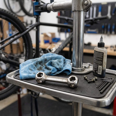 10 In 1 Bike Multitool Wrench For Road And Mountain Bikes On The Go Ultra Compact Dog Bone Hex Socket Kit on workshop stand
