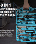 Person holding Go To 40 Piece Bike Repair Kit With Storage Case for mountain and road bikes, showing tools inside the case.
