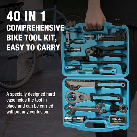 Person holding Go To 40 Piece Bike Repair Kit With Storage Case for mountain and road bikes, showing tools inside the case.