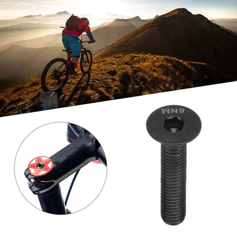 Bike Stem Bolt Screw, M6 x 30mm Black Titanium Alloy Flat Head, with a mountain biker riding at sunset