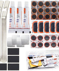 Bike Tire Repair Kit 43 Piece Patch Set With 30 Patches Quick Drying Vulcanizing Fluid Rust Resistant Steel Levers Rasp Four Files And Sandpaper Portable Patch Kit For MTB And Road Bikes To Fix Flats On The Go