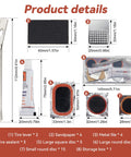 Bike Tire Repair Kit 43 Piece Patch Set With 30 Patches Quick Drying Vulcanizing Fluid Rust Resistant Steel Levers Rasp Four Files And Sandpaper Portable Patch Kit For MTB And Road Bikes To Fix Flats On The Go product details image with measurements and components listed.