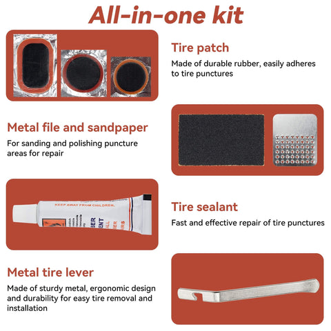 Bike Tire Repair Kit 43 Piece Patch Set With 30 Patches Quick Drying Vulcanizing Fluid Rust Resistant Steel Levers Rasp Files Sandpaper