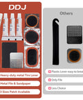 Bike Tire Repair Kit 43 Piece Patch Set With 30 Patches Quick Drying Vulcanizing Fluid Rust Resistant Steel Levers Rasp Four Files And Sandpaper Portable Patch Kit For MTB And Road Bikes To Fix Flats On The Go, showing repair patches, tubes, metal lever, sandpaper, and file.