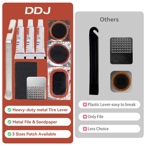 Bike Tire Repair Kit 43 Piece Patch Set With 30 Patches Quick Drying Vulcanizing Fluid Rust Resistant Steel Levers Rasp Four Files And Sandpaper Portable Patch Kit For MTB And Road Bikes To Fix Flats On The Go, showing repair patches, tubes, metal lever, sandpaper, and file.