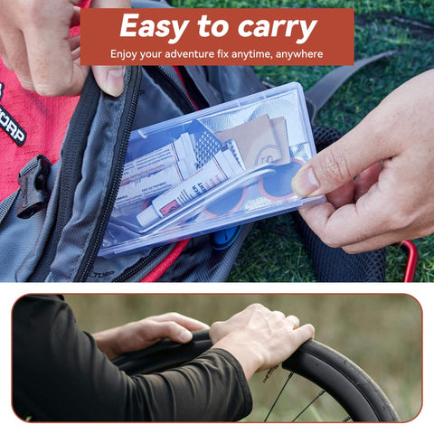 Bike Tire Repair Kit 43 Piece Patch Set With 30 Patches Quick Drying Vulcanizing Fluid Rust Resistant Steel Levers in use
