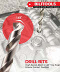 Close-up of Helicoil Thread Repair Kit 131-Piece HSS Drill Bits showing 135-degree top angle against a metal surface.