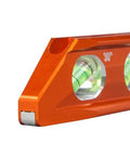 Close-up of the 8 Inch Billet Magnetic Torpedo Level With V Groove For Precise 0 30 45 90 Degree Readings, orange with tapered nose.