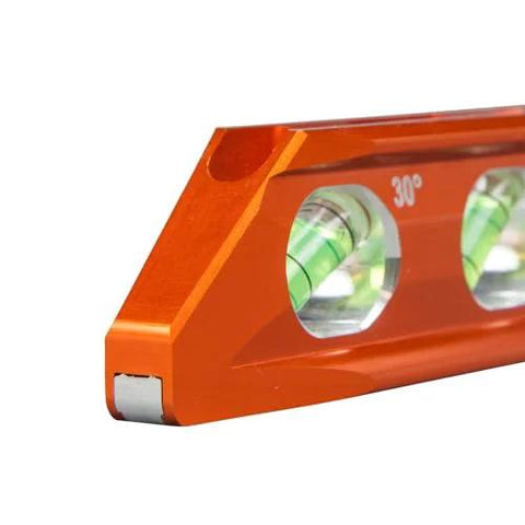 Close-up of the 8 Inch Billet Magnetic Torpedo Level With V Groove For Precise 0 30 45 90 Degree Readings, orange with tapered nose.
