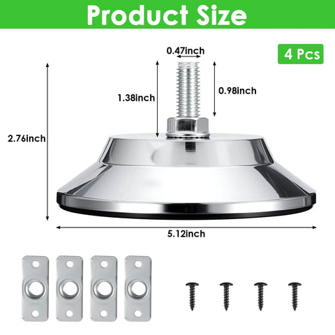 4 Pack Heavy Duty Billiard Table Leg Levelers With Adjustable 5 Inch Metal Leveling Feet Chrome Finish And PE Base For Pool Tables Soccer Tables Air Hockey Tables, close-up with dimensions and components visible.