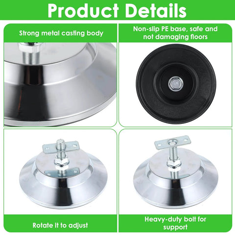 4 Pack Heavy Duty Billiard Table Leg Levelers With Adjustable 5 Inch Metal Leveling Feet Chrome Finish And PE Base For Pool Tables Soccer Tables Air Hockey Tables, showing chrome feet and PE base details.