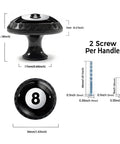 4 Pack Billiards 8 Ball Cabinet Knobs Round Drawer Pulls with size dimensions for Kitchen and Bathroom Cabinets, shown with screws.