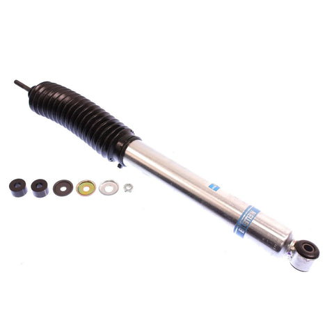 Bilstein 5100 Series Rear Shock for Toyota Tacoma 0-1 Inch Lift with components, silver monotube design, side view