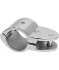 Side view of marine-grade stainless steel bimini top hinged jaw rail mount clamp