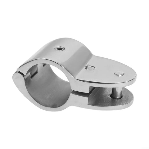 Side view of marine-grade stainless steel bimini top hinged jaw rail mount clamp