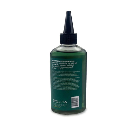 Rear view of 4.2 fl oz biodegradable green refill bottle for Micro System Automatic Motorcycle Chain Lubrication Kit with Scorpion Dual Injector.