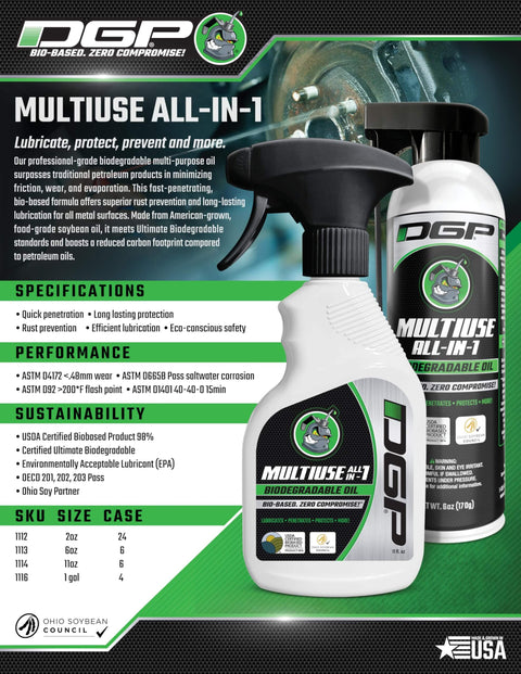 All In One Biodegradable Penetrating Oil For Doors Hinges Machines And Tools, DGP Professional Grade Lubricant 11 Oz bottle