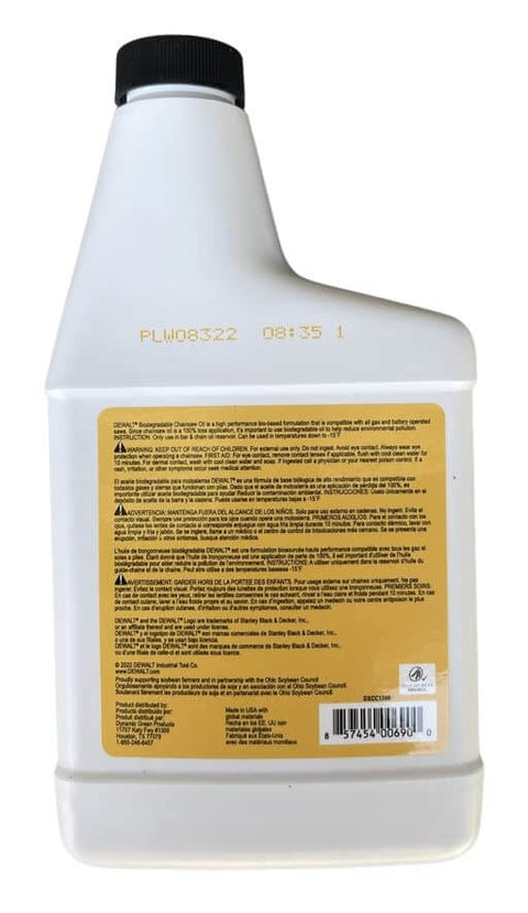 Back view of Eco Friendly Biodegradable Bar And Chain Oil For Chainsaws From DeWalt Green Non-Toxic Pro Lubricant bottle