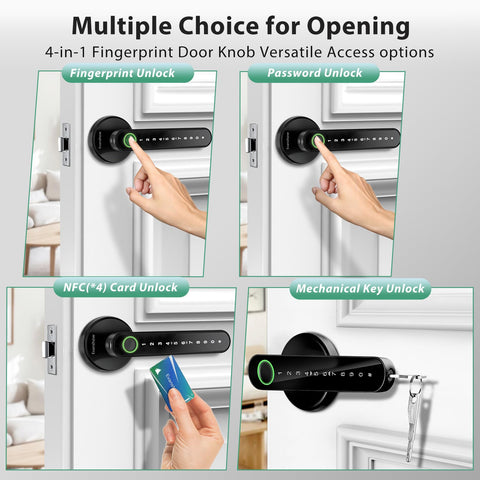 Biometric Fingerprint Door Lock With Keypad And Card Access For Home Office Apartment And Hotels Supports 100 Fingerprints And 50 Passwords Two Mechanical Keys Half Second Recognition Keyless Entry 4 In 1 Smart Lock with fingerprint, keypad, card and key unlock options