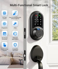 Secure front door access with a 7-in-1 fingerprint smart lock featuring biometric unlock and keypad entry on a white door.