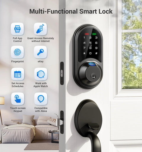 Secure front door access with a 7-in-1 fingerprint smart lock featuring biometric unlock and keypad entry on a white door.