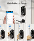 Secure front door access with a 7-in-1 fingerprint smart lock featuring biometric unlock, keypad entry, app, fobs, codes, key options.