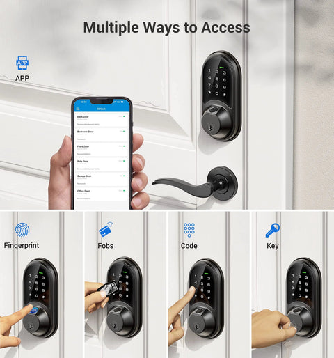 Secure front door access with a 7-in-1 fingerprint smart lock featuring biometric unlock, keypad entry, app, fobs, codes, key options.