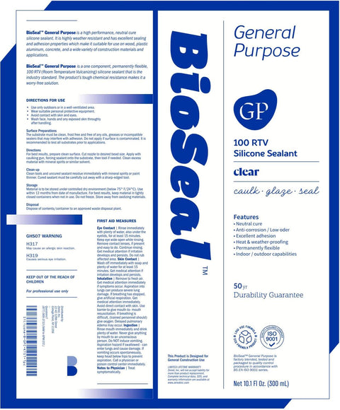 Front view of BioSeal General Purpose Silicone Sealant packaging, clear 10.1 fl oz.