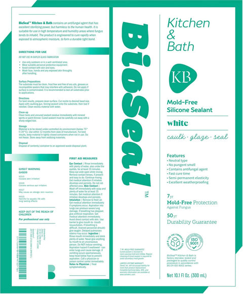 Product label of Waterproof 100 Percent Silicone Sealant Caulk For Kitchen And Bath Pro Grade Low Odor No Yellow Or Color Change Ready In About Thirty Minutes White 10.1 Ounce Cartridge.