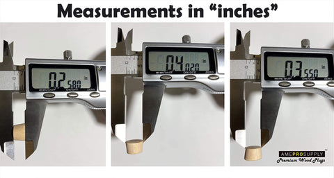 Caliper measuring Three Eighths Inch Flat Head Wood Plugs Set For Screw Holes Birch Button Plugs For Furniture Cabinets And DIY Projects