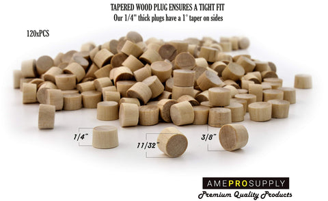 Three Eighths Inch Flat Head Wood Plugs Set For Screw Holes Birch Button Plugs For Furniture Cabinets And DIY Projects Hide Screws With Smooth Sanded Finish Pro Grade Kit For Quick Repair And End To End Finishing 120 Pack, showing varied sizes of sanded birch wood plugs