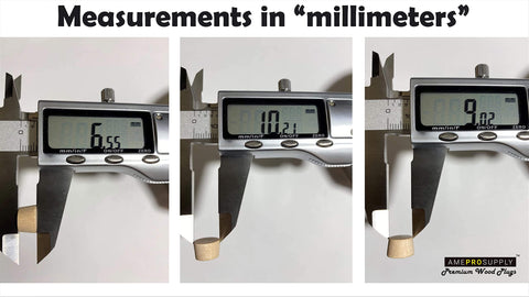 Calipers measuring Three Eighths Inch Flat Head Wood Plugs Set For Screw Holes Birch Button Plugs, showing dimensions in millimeters.
