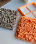 Bird And Floral Harmony Square Tile Cutter And Stamp Tool For Pottery And Ceramic Clay Art 4 Inch By Mouldix, shown with stamped clay design.