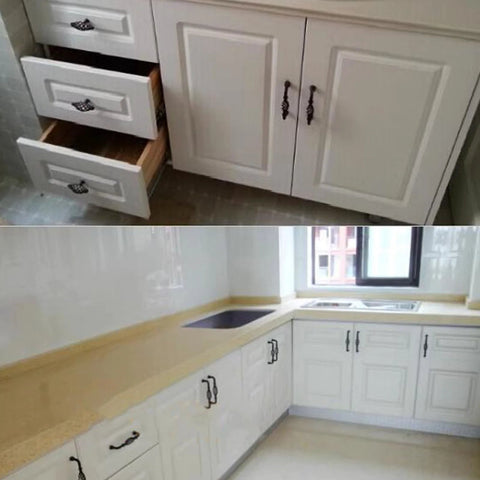 Four Pack Birdcage Style Cast Iron Antique Cabinet Hardware Handles With Center Hole Mount on white kitchen cabinets