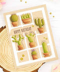 Greeting card using Dotted Square Frame Cutting Die Set For Card Making And Scrapbooking with cactus design on wood background